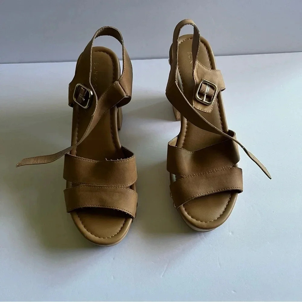 Sun + Stone Womens Delestep Tan Faux Leather Ankle Strap Block Heels Size‎ 9 - Picture 3 of 11